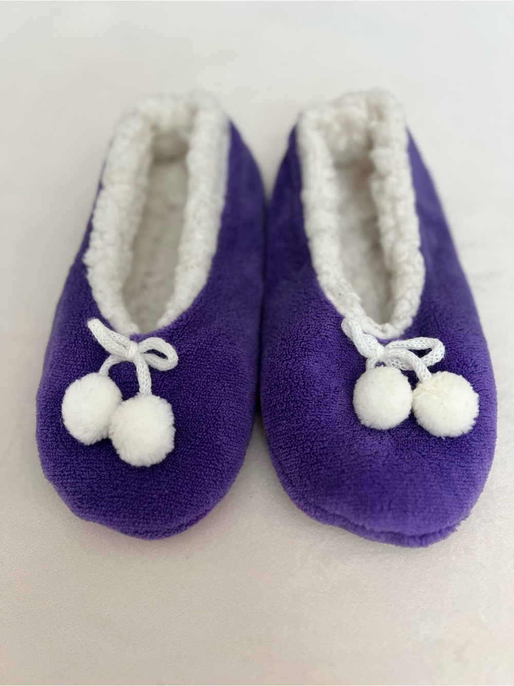 Plush Purple Sherpa Slippers with Pompoms Size 8-9